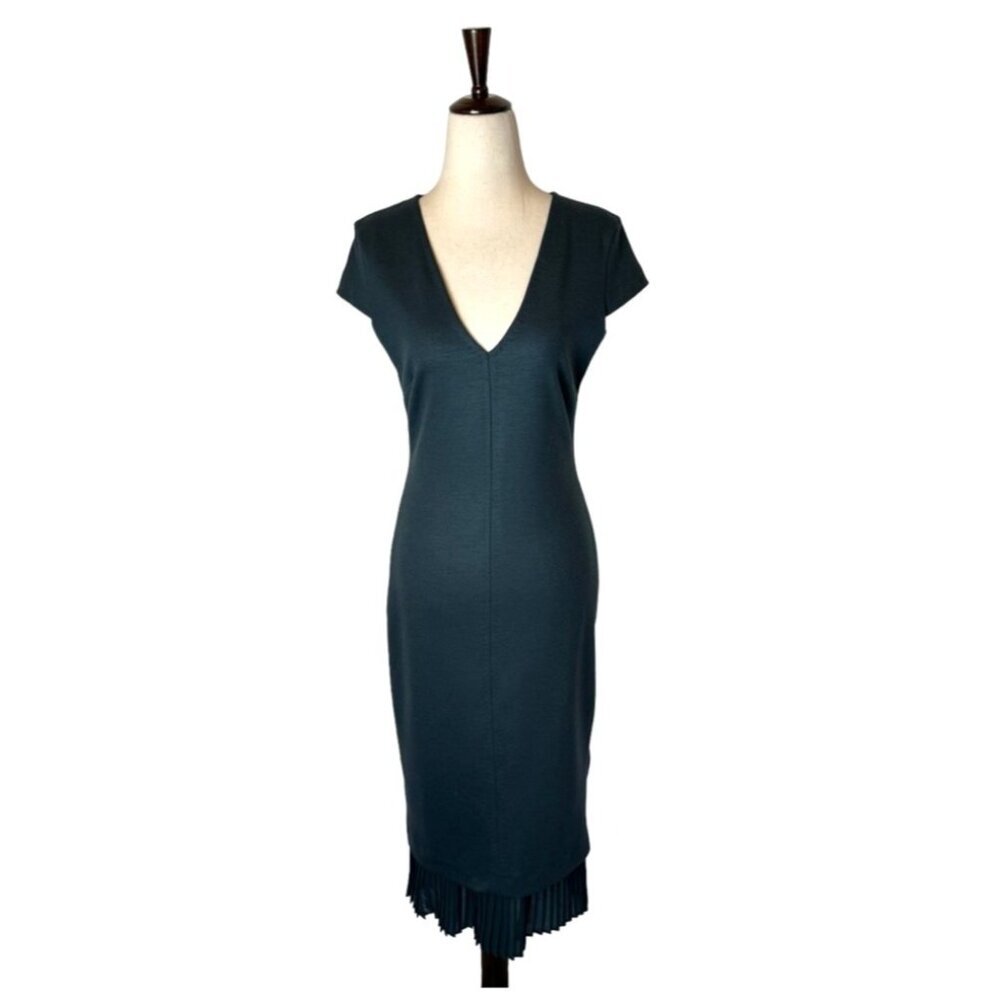 Max Mara Dress Women Small Green V Neck Wool Blend Pleated Hem Sheath Midi